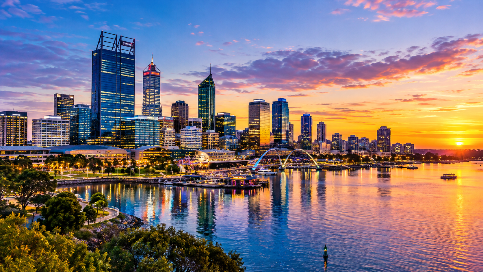 Perth city skyline and Swan River at sunset